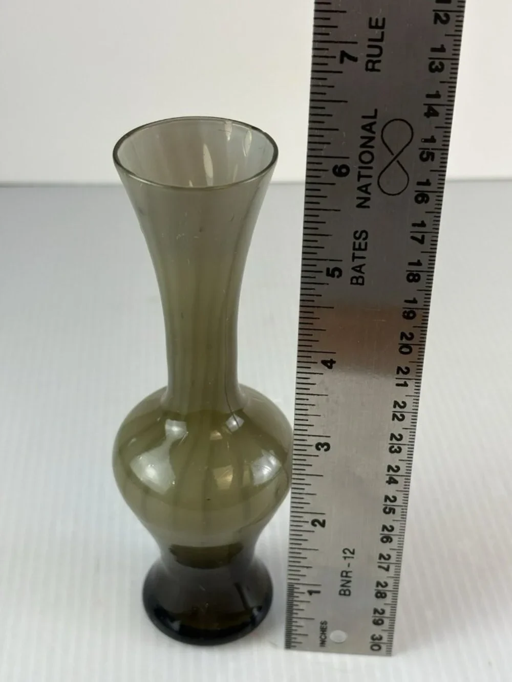 MCM Hand Blown Smoke Olive Glass Bud Vase Pontil Scar Optic Rib Trumpet Neck
